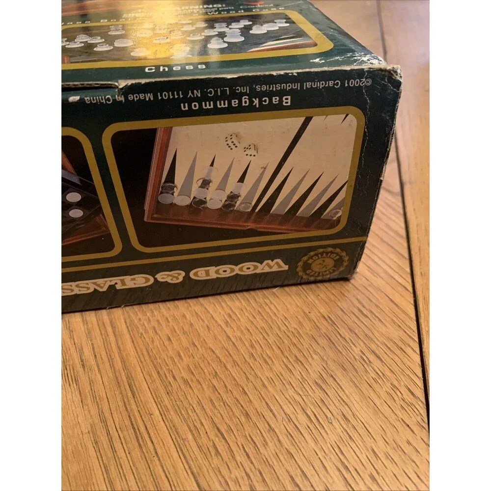 GLASS & WOOD 3 GAME SET CHESS - CHECKERS - BACKGAMMON CARDINAL MODEL 82-25 NOB